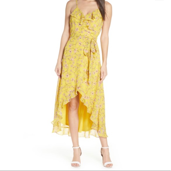 Avec Les Filles Dresses & Skirts - AVEC LES FILLES FLORAL HIGH/LOW WRAP MIDI DRESS IN CANARY YELLOW MULTI